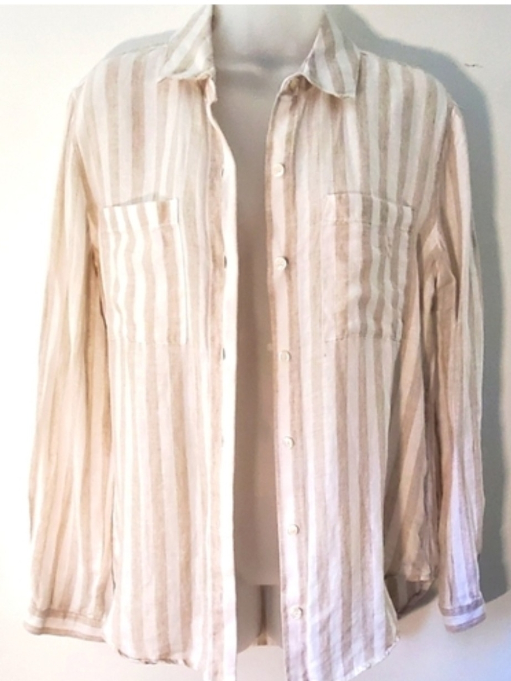 Lord & Taylor Cream and Tan Striped Button-Down Shirt